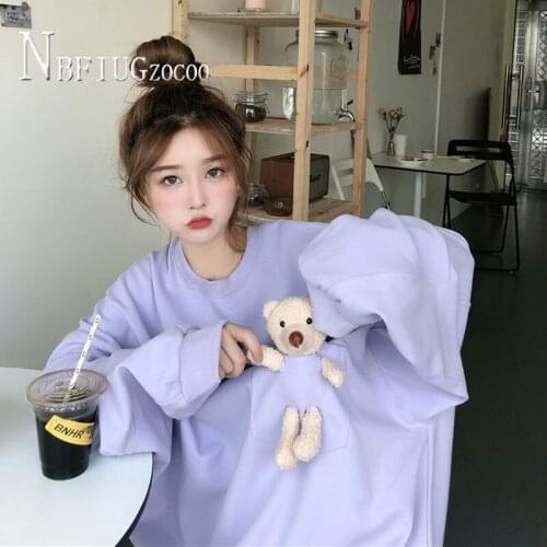 Autumn Korean 2020 New Loose Harajuku Women Sweatshirts Kawaii Bear Long Sleeve Female Sweatshirt
