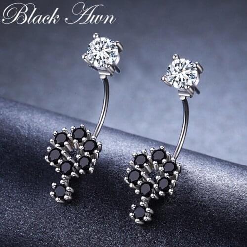 Birthday Present 925 Sterling Silver Jewelry Engagement Flower shape Stud Earrings for Women Black Spinel Female Earring II034
