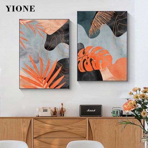 Nordic Modern Leaf Canvas Painting Abstract Orange Plants Line Colorful Irregular Wall Art Picture Home Decor Posters and Prints