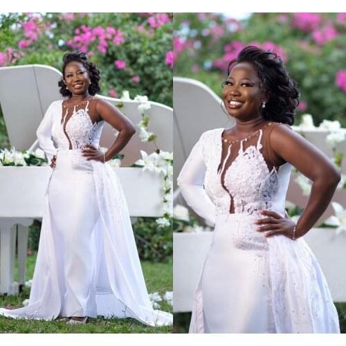 Modern Afrian Wedding Dresses White Plus Size One Shoulder Long Sleeve Detachable Train Lace Beaded Crystal Bridal Gowns Vestido