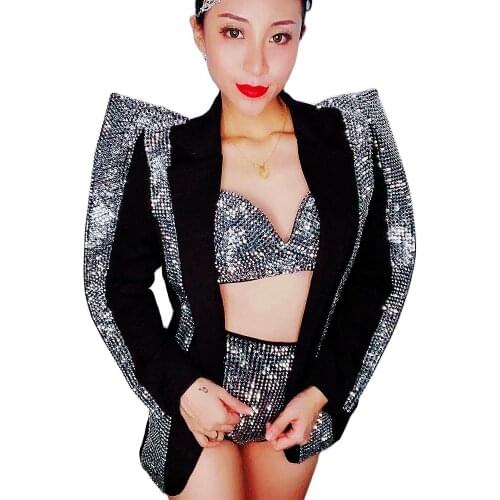 Sparkling Full Rhinestones Bikini Blazer Three-Piece Suit Nightclub Dance Wear Party Evening Costume Theatrical Costume Women