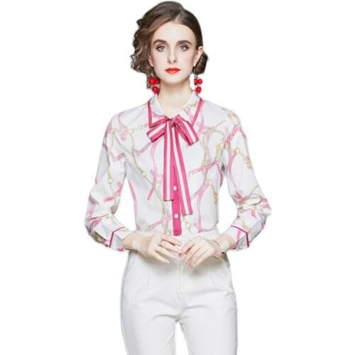 Bowtie Blouse Women Turn Down Collar Shirts Mujer Full Sleeves blusas mujer de moda Stripped chemisier femme tops white shirt