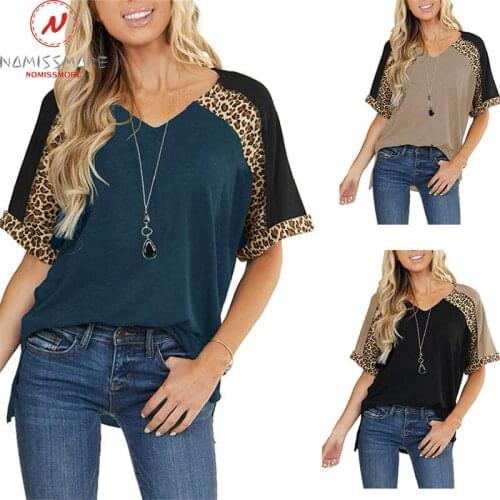 Fashion Women Summer Leopard Print T-Shirts Colar Matching Design V-Neck Half Sleeve Casual Loose Pullovers Top