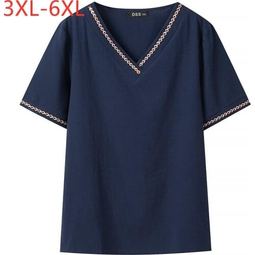New 2021 Ladies Summer Plus Size Tops For Women Large Short Sleeve Loose Blue Cotton Embroidery V-neck T-Shirt 3XL 4XL 5XL 6XL