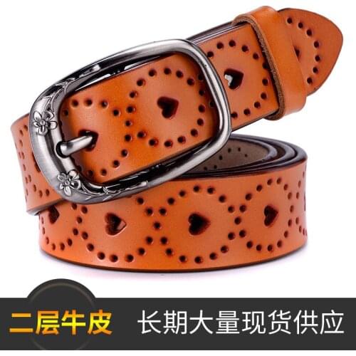 Womens belt hollow out love cowhide belt body alloy needle buckle fashion versatile Korean casual pants belt for teenagers