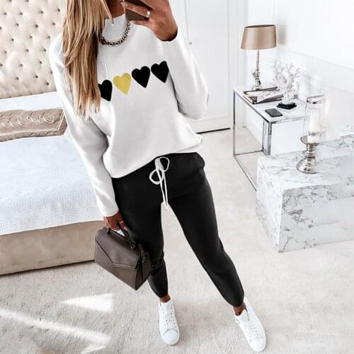 2021 Sportswear Home Suits Heart Print Long Sleeve Womens Sweatshirt Top Casual Drawstring Waist Pants 2 Piece Set Tracksuits