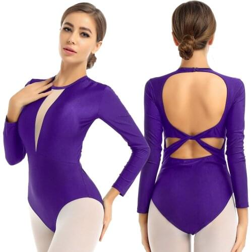 Women Dance Costume Ballet Leotard for Women Gymnastics Leotard Bodysuit Long Sleeves Open Back with Twist Straps Dancewear