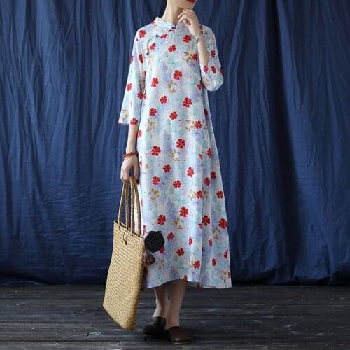 Johnature Women Cotton Linen Dresses Print Floral Chinese Style Cheongsam 2020 Autumn Stand Seven Sleeve Female A-Line Dresses