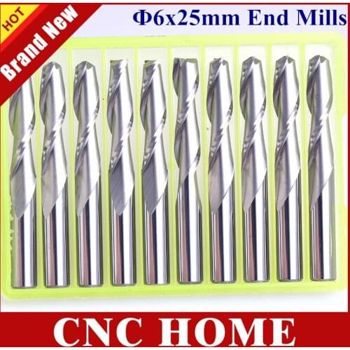 10 pcs 6*25MM Two Flutes Spiral Carbide Tools, Carving Tool Bits, Engraving Tool Cutters,End Mill Cutters for CNC Router Machine