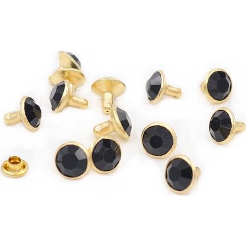 100Sets 8mm Black Crystal Rhinestone Rivets Golden Metal Base Studs For Clothing Bag Leathercraft Rivet