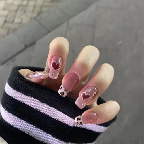 24pcs Love Heart Print Nail Patch Glue Type Removable Long Paragraph Fashion Manicure Save Time False Nail Patch False Nails