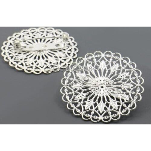 38mm Retro Circle Filigree Flower Bezel caps Back Pins Brooches base Settings Blank Multi-color DIY Jewelry Making Wholesale