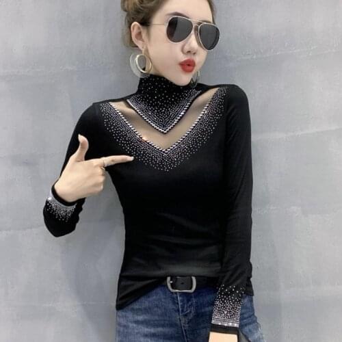 #8655 Black Turtleneck T Shirt Women Spliced Gauze Hollow Out Sexy Skinny T-shirt Femme With Diamonds Stretch Women T-shirt Slim