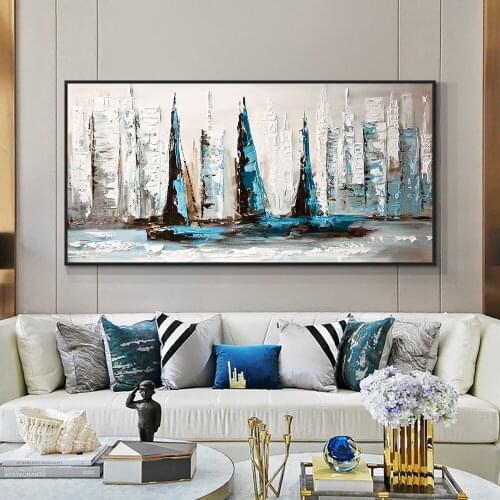 Abstract Blue And White Sailboats On The Sea 100% Handpainted Oil Painting On Canvas Without Frame Wall Art For Home Decoration