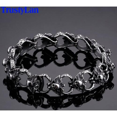 TrustyLan Stainless Steel Mens Skeleton Bracelet Vintage Men Jewelry Metal Chain Skull Wrap Bracelets & Bangles Gift For Man