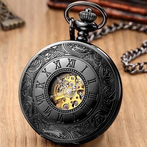Retro Black Mechanical Pocket Watch Men Hollow Roman Numerals Dial Skeleton Hand wind Fob Watches Steampunk Clock Chain Pendants