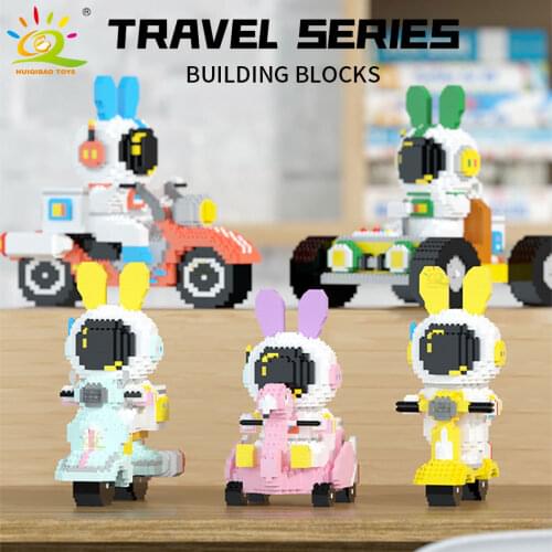 HUIQIBAO Rabbit Ears Driver Space Journey Vehicle Buildings Diamond Brick Decoration Car Micro Blocks Children Construction Toys