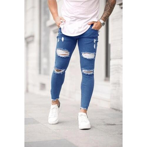 Mens thin straight slim-fit ripped jeans in 2 colors for summer 2021 new classic style high-end stretch slim-fitting pants men
