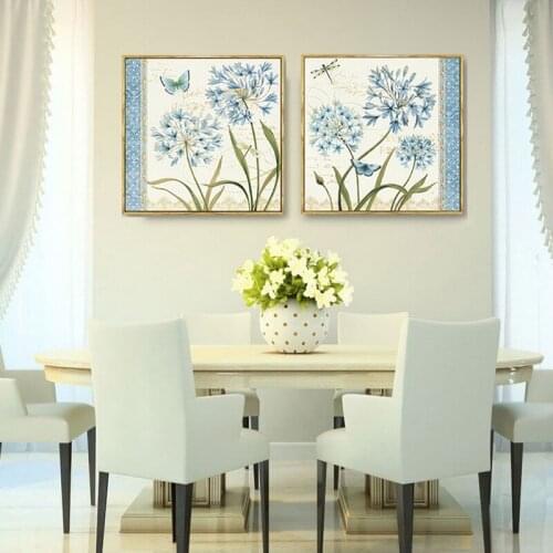 HAOCHU Europe Blue Flower Butterflies Fresh Pastoral Canvas Painting Living Room Decor Cuadros Modern Wall Art Craft No Frame
