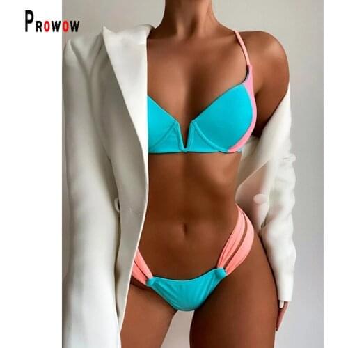 Prowow Colors Patchwork Bikinis Set Sexy Push Up Bra and Panty Two Piece Women Swimsuits 2021 New Ladies Fashion Beach Swimwear