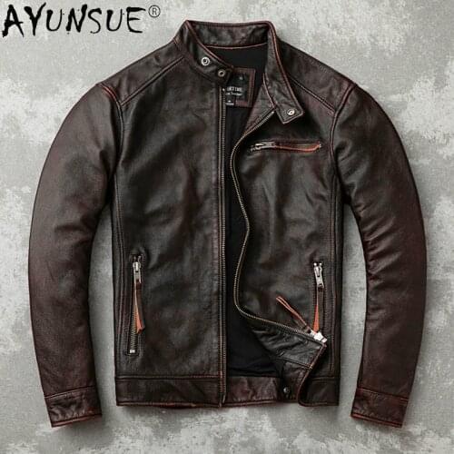 AYUNSUE Mens Genuine Leather Jacket Autumn Men Clothing Real Cowhide Mens Clothes Retro Bomber Jackets Male Ropa Hombre LXR397