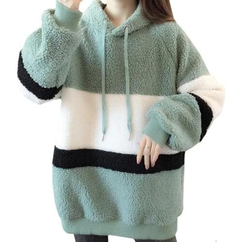 Winter New Products Lady Clothes Women Hoodie Keep Warm Lamb Wool Harajuku Sweatshirt Splicing Bean Green Coat Pullover Female