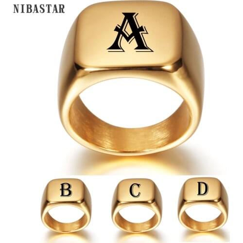 Personalised Initial Engrave A to Z Alphabet Stainless Steel Signet Blank Plain Ring Band High Polished Gold Tone U.S.Size