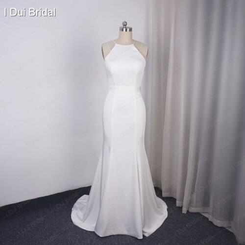 Simple Crepe Wedding Dress High Quality Satin Sheath Keyhole Back Unique Bridal Gown