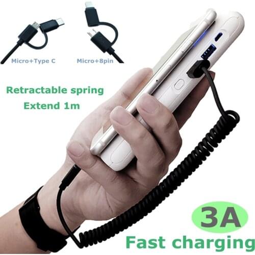 1m Retractable Spring USB to Micro USB Type-C 8pin Two-in-One Fast Charging, Used for Mobile Phone Car Charging Cable