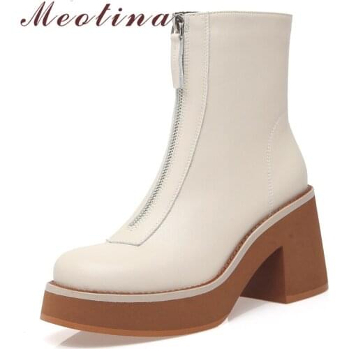 Meotina Women Ankle Boots Genuine Leather Thick Super High Heel Platform Boots Round Toe Ladies Footwear Autumn Winter Black 41