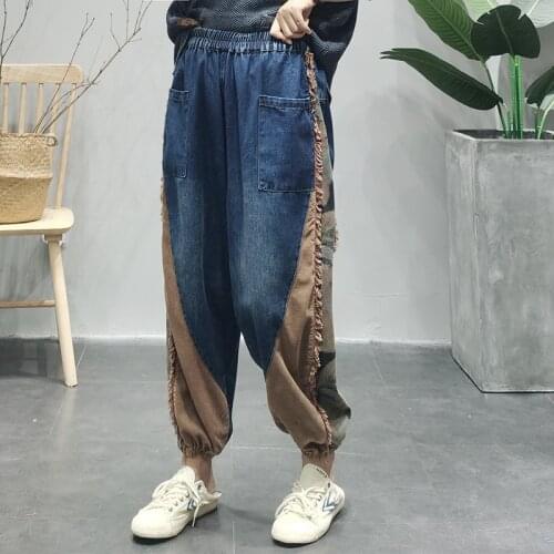 Women Jeans 2021 Autumn Winter New Casual Loose Denim Pants Ladies Elastic Waist Spliced Vintage Denim Trousers