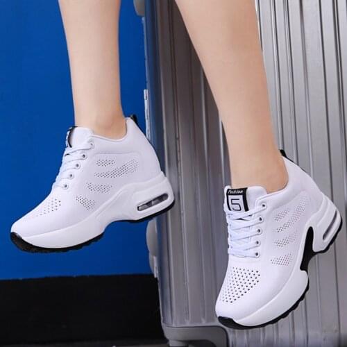 Air Mesh Height Increased Casual Shoes Woman Breathable Lace Up Platform Sneakers Women 2019 Wedge White Walking Running Shoes