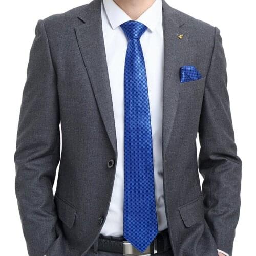 SN-561 Blue Necktie Classic Plaids Checks Tie Sets Hanky Cufflinks Silk Ties Formal Wedding Party
