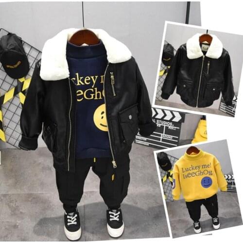 Baby Boy winter Clothes Set Toddler Kids Clothing set boys Faux leather coat + thick Sweater + thick pants 3Pcs/set 2-6Years