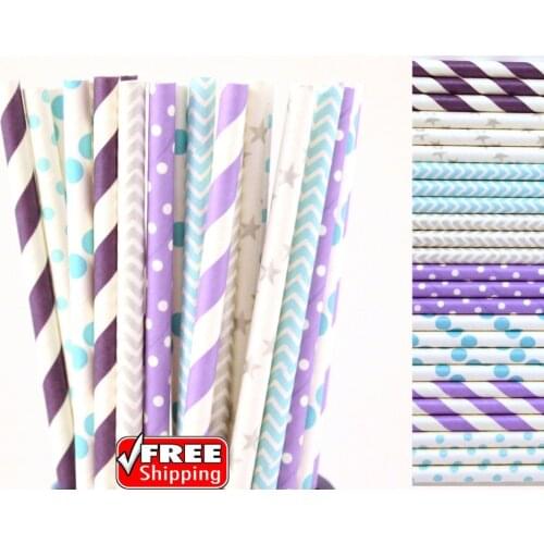 200pcs Mixed 8 Designs Purple,Lavender,Blue,Teal,Silver Themed Paper Straws-Stripe,Dot,Chevron,Star Frozen Birthday Wedding Bulk