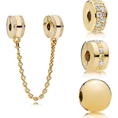 KAKANY 925 Sterling Silver New 18K Gold Color Safety Clip Zircon Flashing Elegant Clip Classic Circular Safety Clip Safety Chain