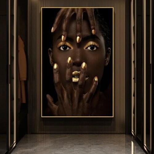 African Woman Art With Gold Sexy Lips Canvas Paintings On The Wall Art Posters And Prints Black Girls Art Pictures Home Decor