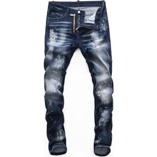 Dsq2 Brand Jeans Dsquared Stretch Jeans Pants Men Slim Jeans Denim Trousers Zipper Blue Hole Pencil Pants Jeans for Men