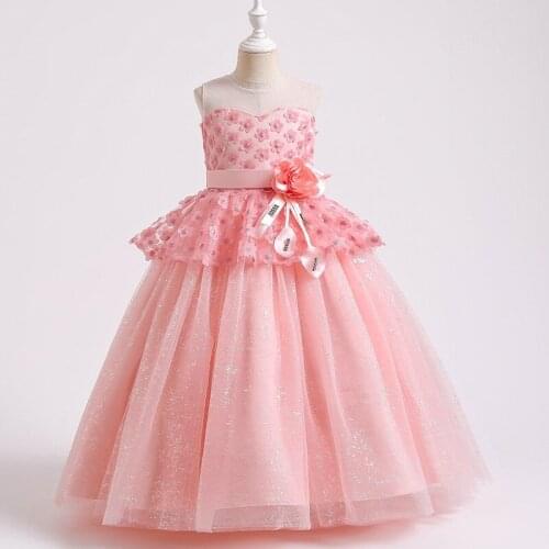 Kids Sleeveless Applique Princess Dress Flower Girl Wedding Elegant Long Dresses Birthday Party Show Costume Children Clothing