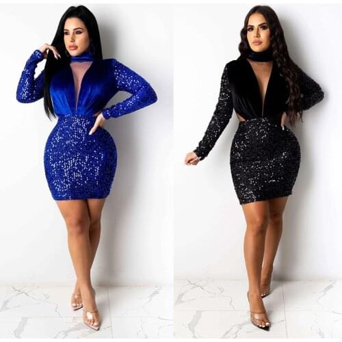 Echoine Woman Velet Mesh Sequined Patchwork Bodycon Dress Long Sleeve V Neck Waist Cut Out Christmas Party Wear Solid Outfits