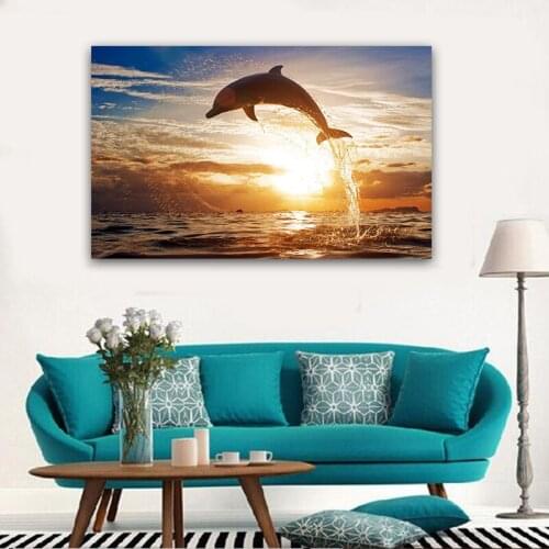 Seascape Wall Art Dolphin Animal Canvas Painting Decorative Picture for Living Room Home Decor Pictures on The Wall