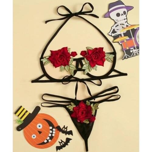 Lingerie Set Sexy Black Lace-up Embroidered Underwear Micro Bikini Suit Exotic Apparel Hollow-out Flirting Sex Outfits for Women