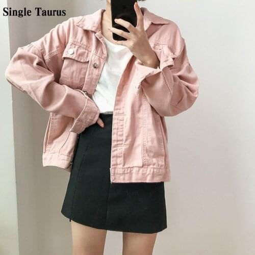 Women Denim Jacket Fall Long Sleeve Turn Down Collar Vintage Female Jeans Jackets Coat Loose Streetwear Pink Chaqueta Mujer