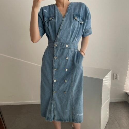 Summer New Women Knee Length Fashion Office Denim Backless Short Sleeve Dress YOU242