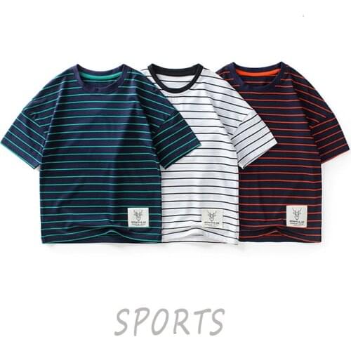 Summer new Korean childrens top childrens T-shirt in the big childrens loose-striped short-sleeved shirt boys short sleeves