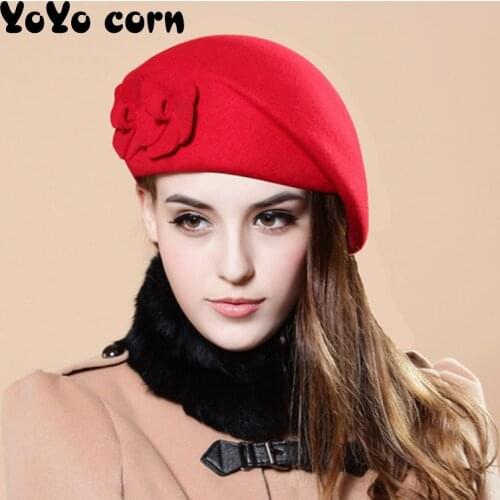 Fashion Women Flowers Cashmere Berets Female Bonnet Caps Winter womens hats High quality wool Beret Lady Painter Hats Lady