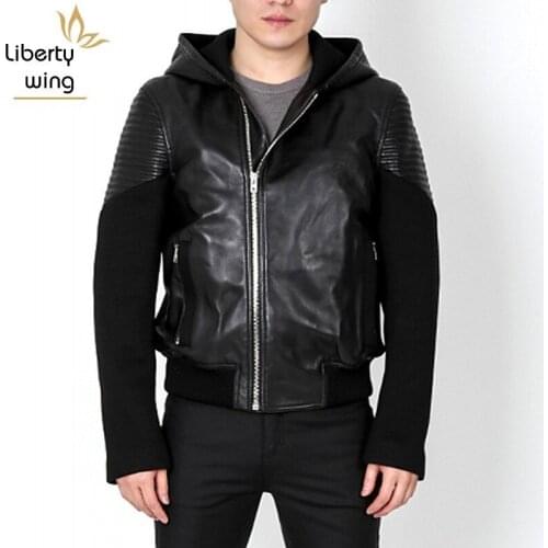 Italy Brand Mens Suede Patchwork Hoody Bomber Sheepskin Genuine Leather Casual Outerwear Coats Motorcycle Jacket