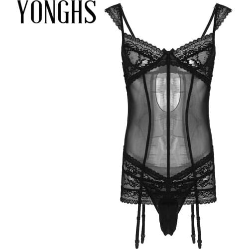 Mens Erotic Lingerie Sissy for Crossdressing Sheer Mesh Floral Lace Garters Mini Dress with G-String Sexy Thong Dress Underwear