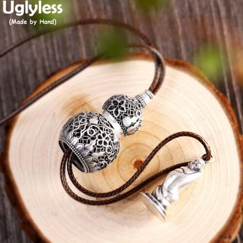 Uglyless Disassembled Monk Open Pendants Necklaces for Men Real 999 Pure Silver Gourd Necklaces + Rope Chain Hollow Thai Silver