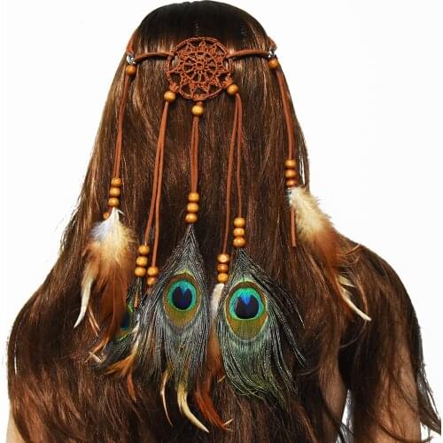 Peacock Feather Hairband Turkish Ethnic Adjustable Bohemian Dream Catcher Bead Hairband Festival Hippie Headress Crown Headdress